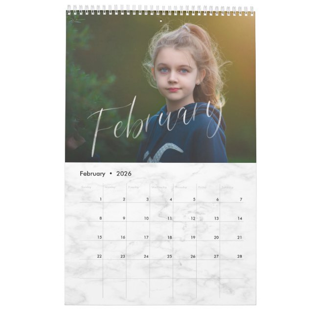 Elegant White Watercolor Script Multi Photo Calendar (Feb 2026)