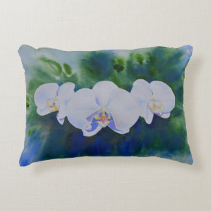 Elegant white watercolor tropical boho orchids  accent pillow