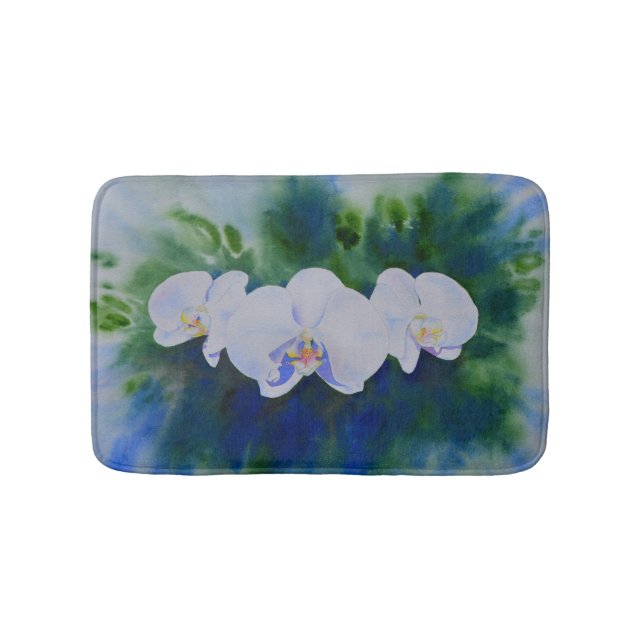 Elegant white watercolor tropical boho orchids  bath mat (Front)