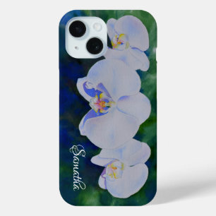 Elegant white watercolor tropical boho orchids  iPhone 15 case