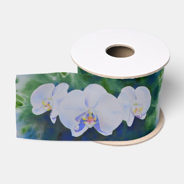 Elegant white watercolor tropical boho orchids  grosgrain ribbon (Spool)