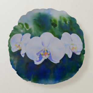 Elegant white watercolor tropical boho orchids round pillow
