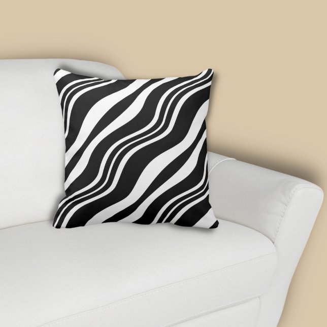 Elegant White Wave Line Pattern Black Throw Pillow (Elegant White Wave Line Pattern Black Throw Pillow)