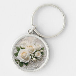 Elegant White Wedding Lace And Roses, Keychain