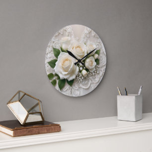 Elegant White Wedding Lace And Roses, Large Clock