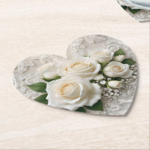 Elegant White Wedding Lace And Roses, Paper Coaster