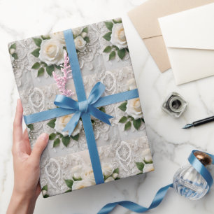 Elegant White Wedding Lace And Roses, Wrapping Paper