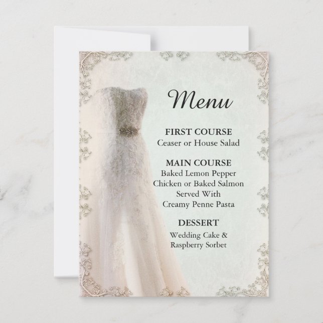Elegant White Wedding Menu, Wedding Dress Invitation (Front)