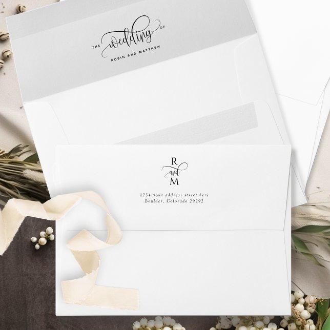 Elegant White Wedding Script and Monogram Envelope (Creator Uploaded)
