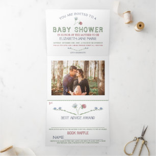 Elegant White, Wildflower Baby Shower Suite Tri-Fold Invitation