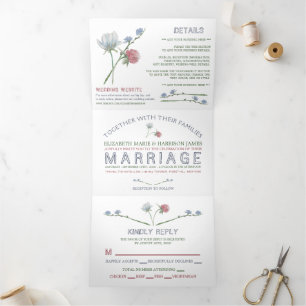 Elegant White, Wildflower Wedding Suite Tri-Fold Invitation