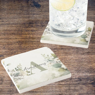 Elegant White Wildflowers & Greenery Monogram Stone Coaster