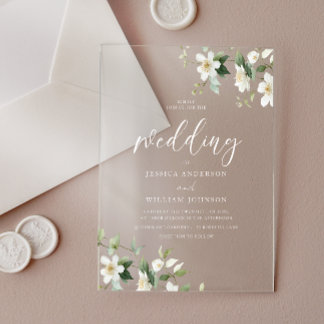 Elegant White Wildflowers Wedding Acrylic Invitations