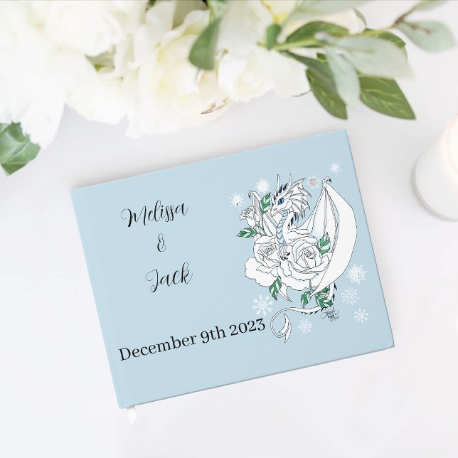 Elegant White Winter Fantasy Dragon Roses Wedding Guest Book (Creator Uploaded)