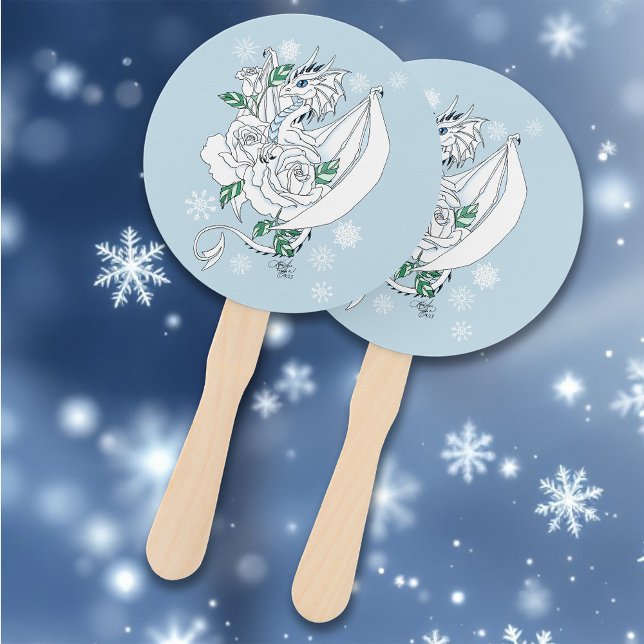 Elegant White Winter Fantasy Dragon Roses Wedding Hand Fan (Creator Uploaded)