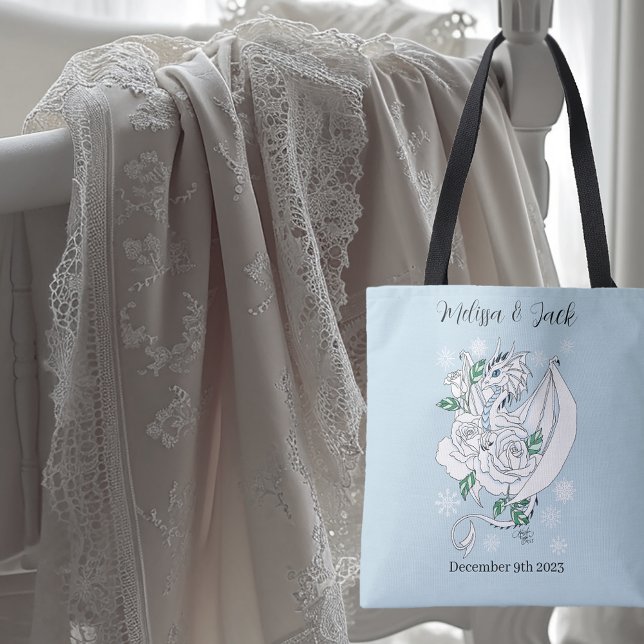Elegant White Winter Fantasy Dragon Roses Wedding Tote Bag (Creator Uploaded)