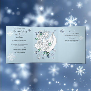 Elegant White Winter Fantasy Dragon Roses Wedding Tri-Fold Invitation