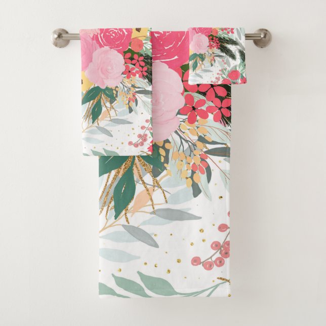 Elegant White Winter Floral & Gold Glitter Dots Bath Towel Set (Insitu)