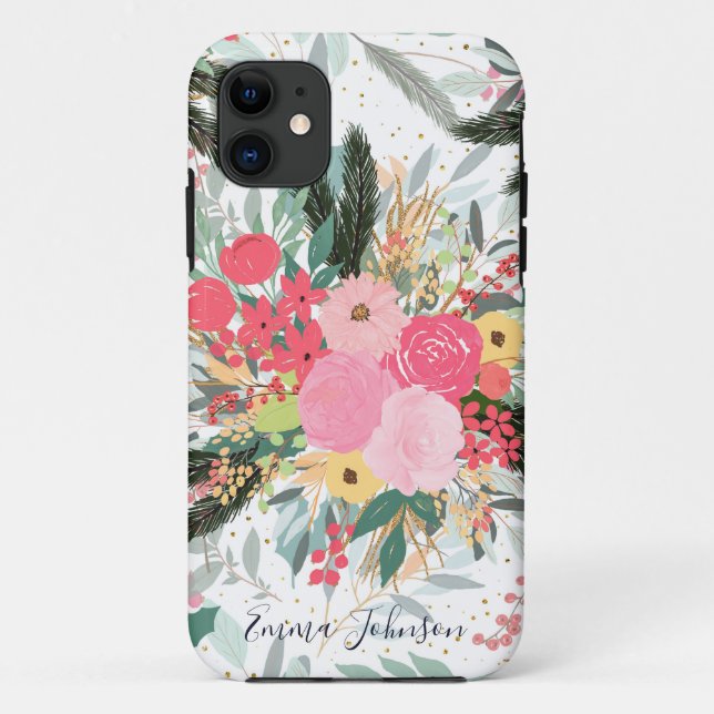 Elegant White Winter Floral & Gold Glitter Dots Case-Mate iPhone Case (Back)