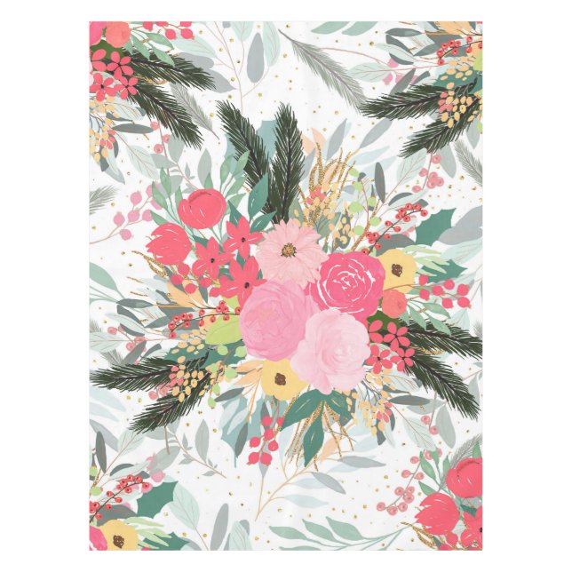 Elegant White Winter Floral & Gold Glitter Dots Tablecloth (Front)