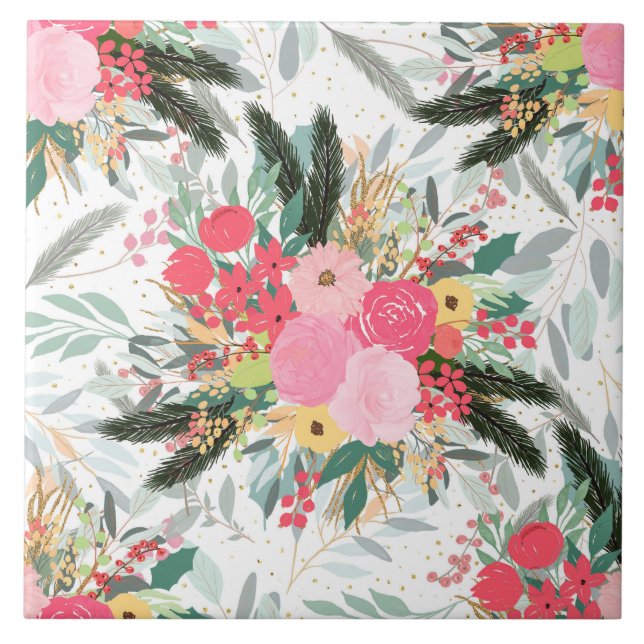 Elegant White Winter Floral & Gold Glitter Dots Tile (Front)