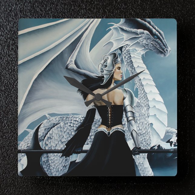 Elegant White Winter Gothic Dragon Queen Fantasy Square Wall Clock (Creator Uploaded)