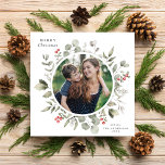 Elegant White Winter Greenery Wreath Photo Square Holiday Card<br><div class="desc">This elegant and festive holiday photo card features a beautiful watercolor wreath of holly, eucalyptus, and berries over a classic white background. The photo cut out is round. The editable greeting on the front says "Merry Christmas". The back of the card is a festive red colour. You can also add...</div>