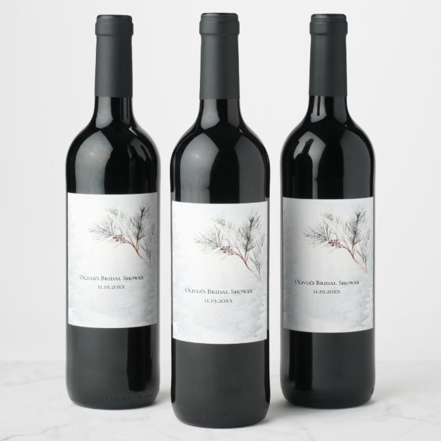 Elegant White Winter Pine Bridal Shower Wine Label (Bottles)