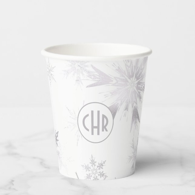 Elegant White Winter Snowflakes Paper Cups (Front)