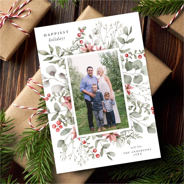 Elegant White Winter Watercolor Greenery Photo Holiday Card (Creator Uploaded)