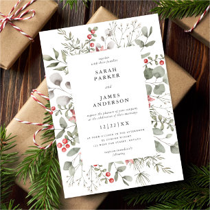 Elegant White Winter Watercolor Greenery Wedding Invitation