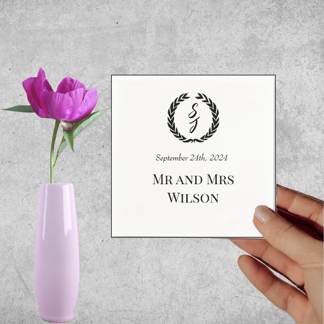 Elegant White with Black Monogram Wreath Dinner Napkin (Creator Uploaded)