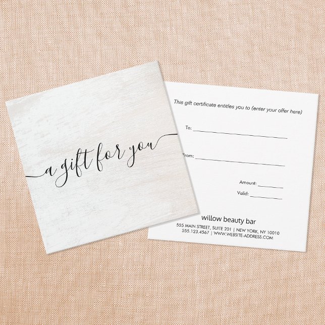 Elegant White Wood Script Font Gift Certificate (Creator Uploaded)