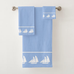 Elegant White Yachts on Sky Blue Bath Towel Set