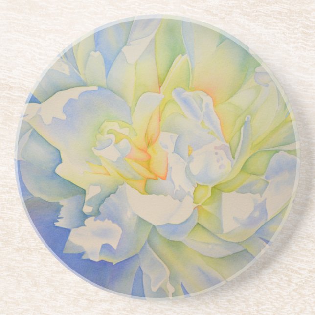 Elegant white yellow peony floral watercolor  coaster (Front)
