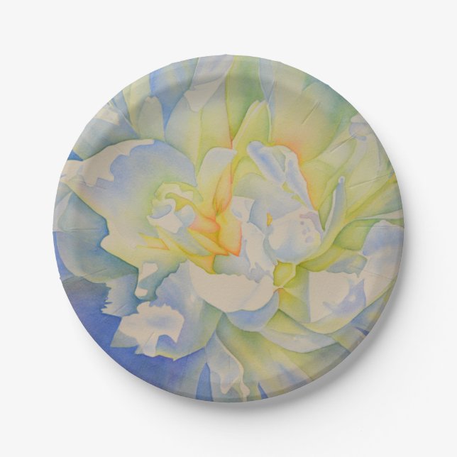 Elegant white yellow peony floral watercolor  paper plate (Front)