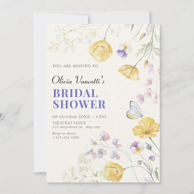 Elegant wild floral bridal shower invitation (Front)