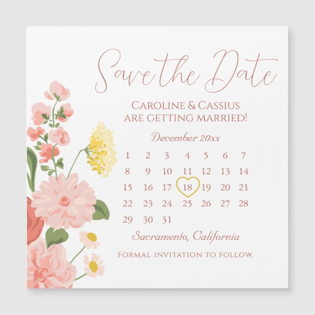 Elegant Wild Flower Wedding Calendar Save The Date (Front)