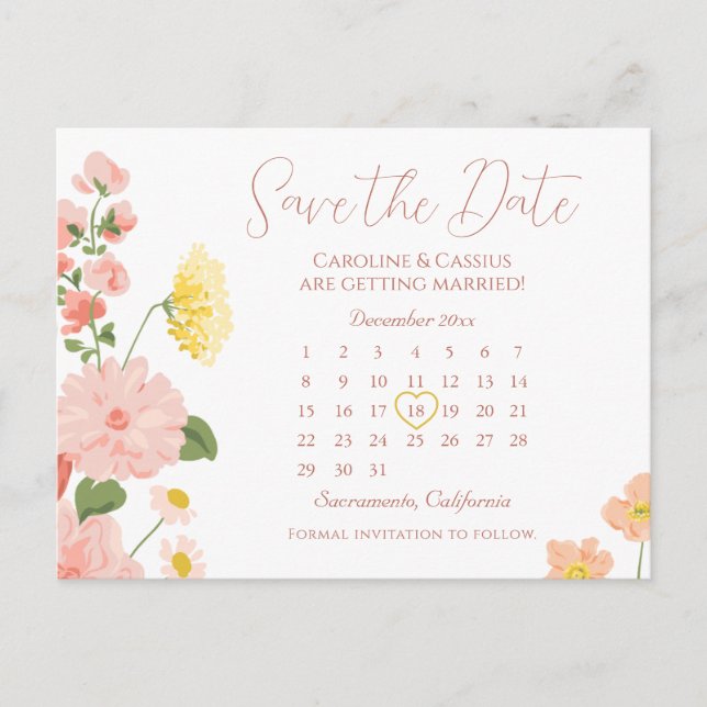 Elegant Wild Flower Wedding Calendar Save The Date Announcement Postcard (Front)