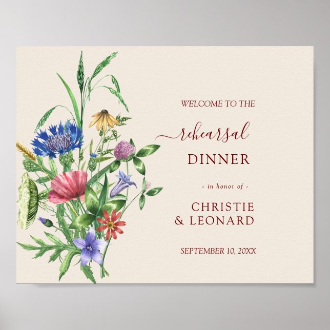 Elegant Wild Flowers Rehearsal Diner Welcome Poster (Front)