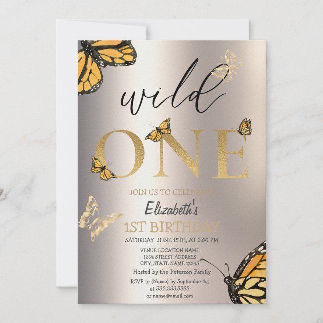 Elegant Wild One Gold Butterflies Birthday  Invitation (Front)