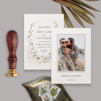 Elegant Wildflower Beige Photo Save the Date Invitation