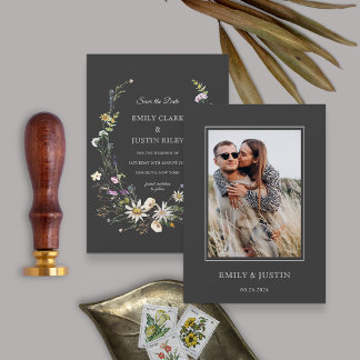 Elegant Wildflower Black Photo Save the Date Invitation