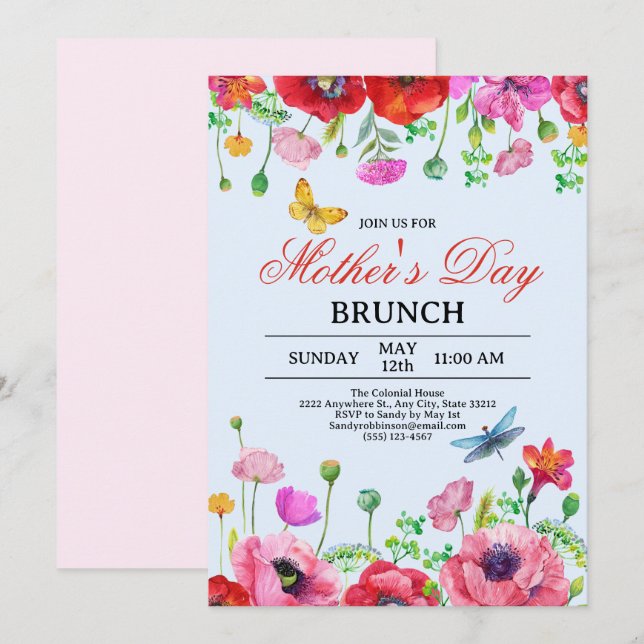 Elegant Wildflower Blue Chic Mother's Day Brunch Invitation (Front/Back)