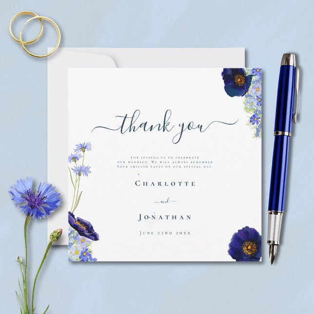 Elegant Wildflower Blue Thank You (Elegant wildflower summer floral blue watercolor wedding thank you card stylish typography script )
