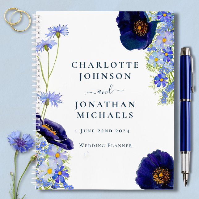 Elegant Wildflower Blue Wedding Planner Notebook (Elegant wildflower watercolor blue wedding organizer notebook bride & groom names stylish typography)