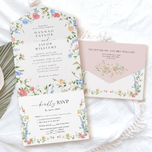 Elegant Wildflower Blush Pink Floral Wedding All In One Invitation