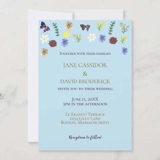 Elegant Wildflower Boho Blue Wedding Invitation (Front)