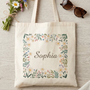 Elegant Wildflower Border Personalized Name Canvas Tote Bag
