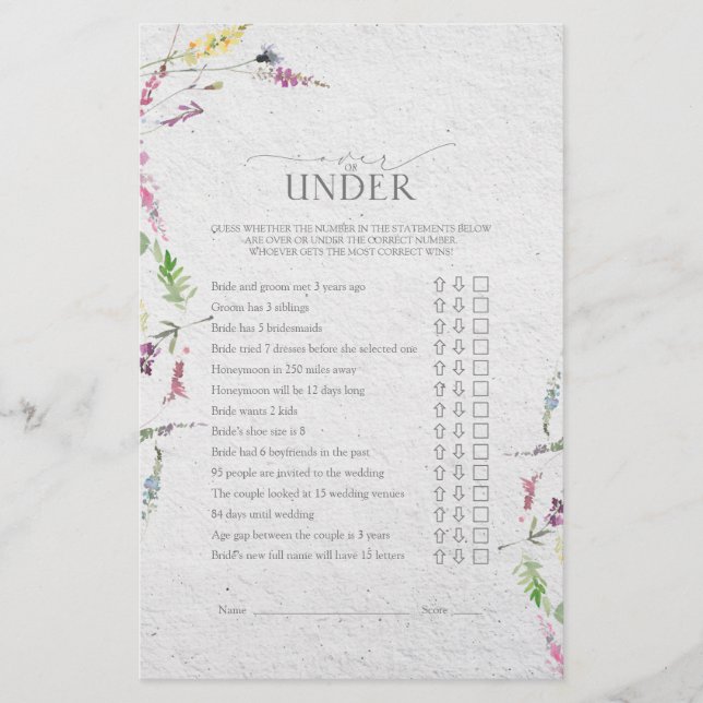 Elegant Wildflower Botanical Bridal Shower Game (Front)